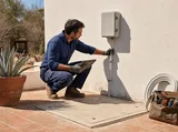 Technician checking a protected enclosure beside a closed cistern cover